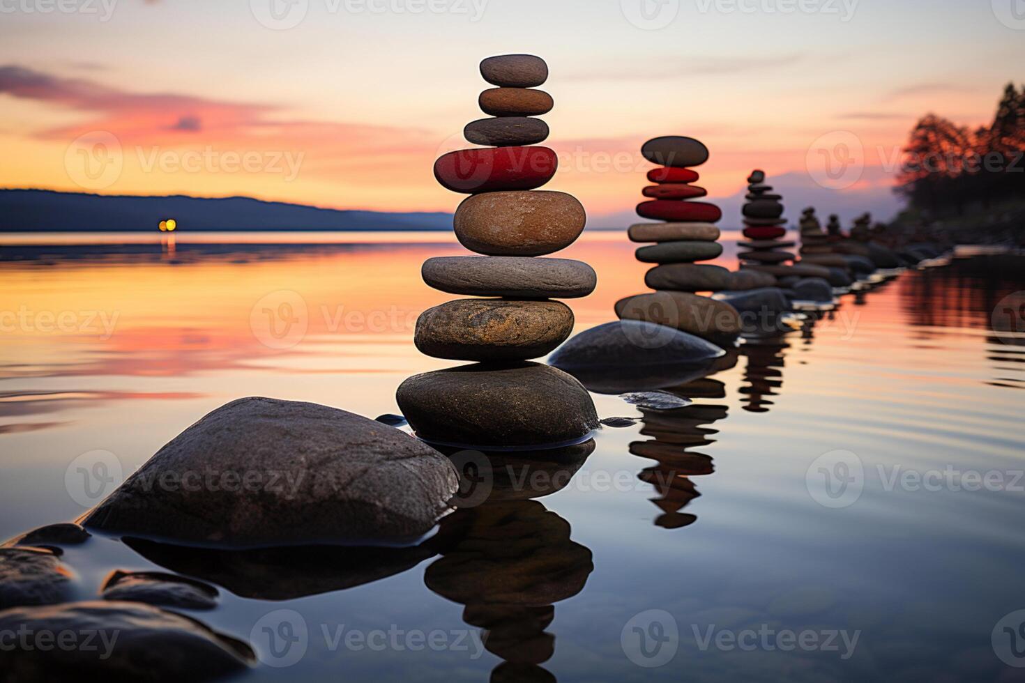 Calming spa setting, balanced stones, colorful summer sky, peaceful beach silhouette photo