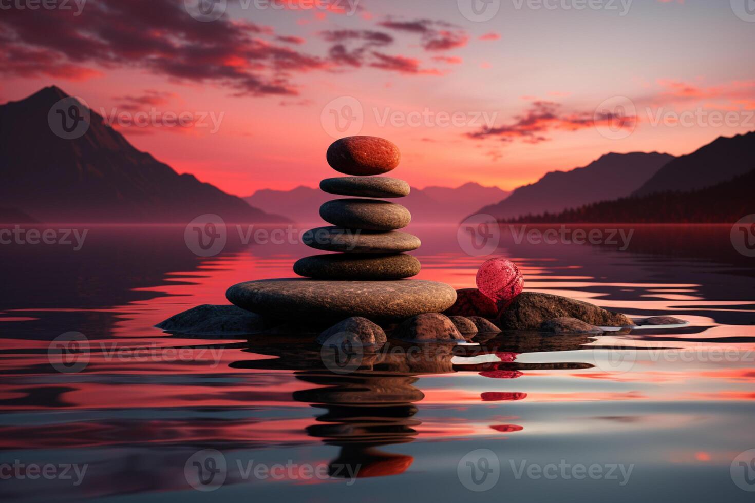 Tranquility meets twilight as the sun sinks beyond serene Zen stones photo