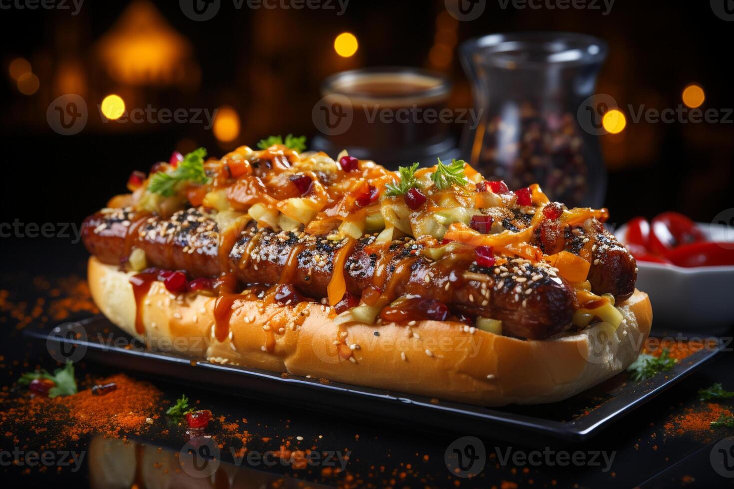 Nighttime indulgence, Bratwurst with mustard in a bun, carnival lights shimmering photo