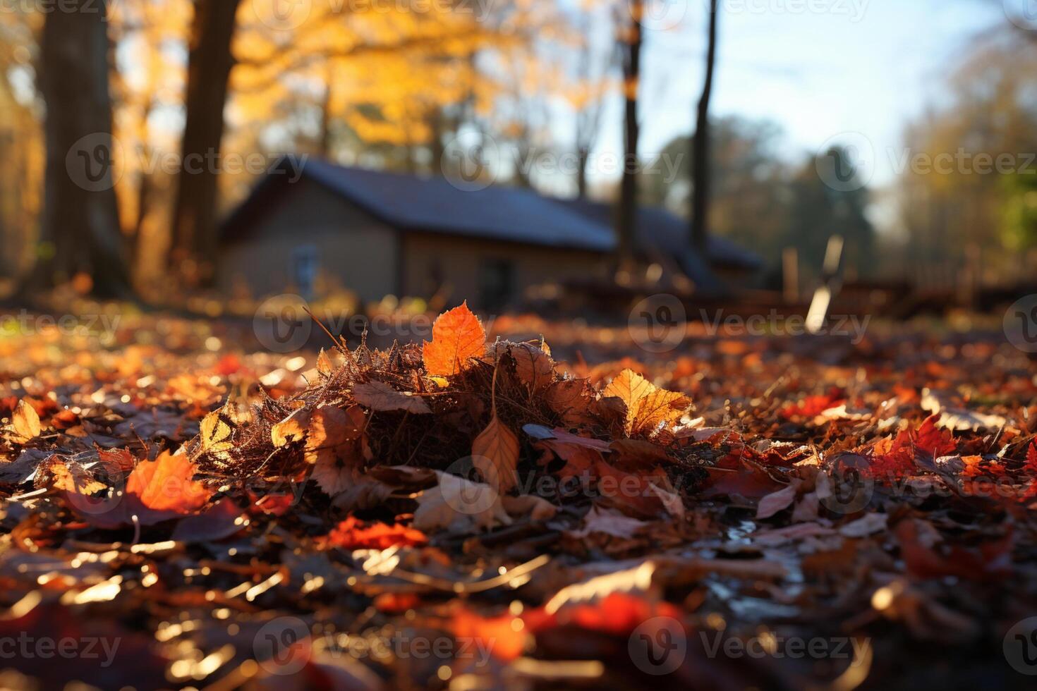 Clearing the yard of autumn foliage with a rake photo