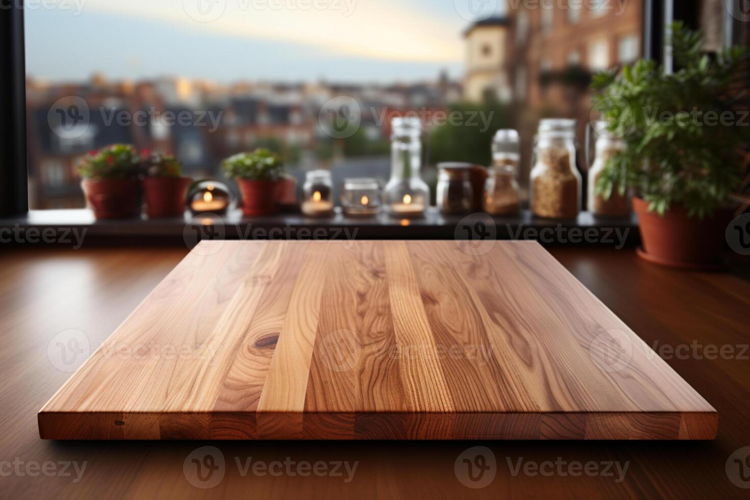 Ideal for product displays or key visuals, wood table on blurred kitchen background photo