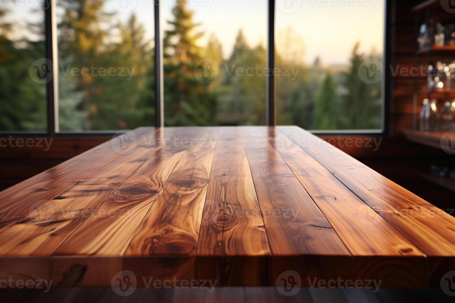 madera mesa parte superior en un cocina habitación fondo para exhibiendo productos o visuales ai generado foto