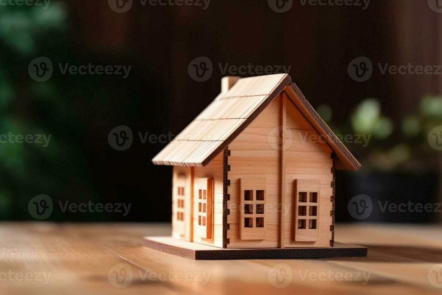 Wooden house model on wood background representing construction and ecology AI Generated photo