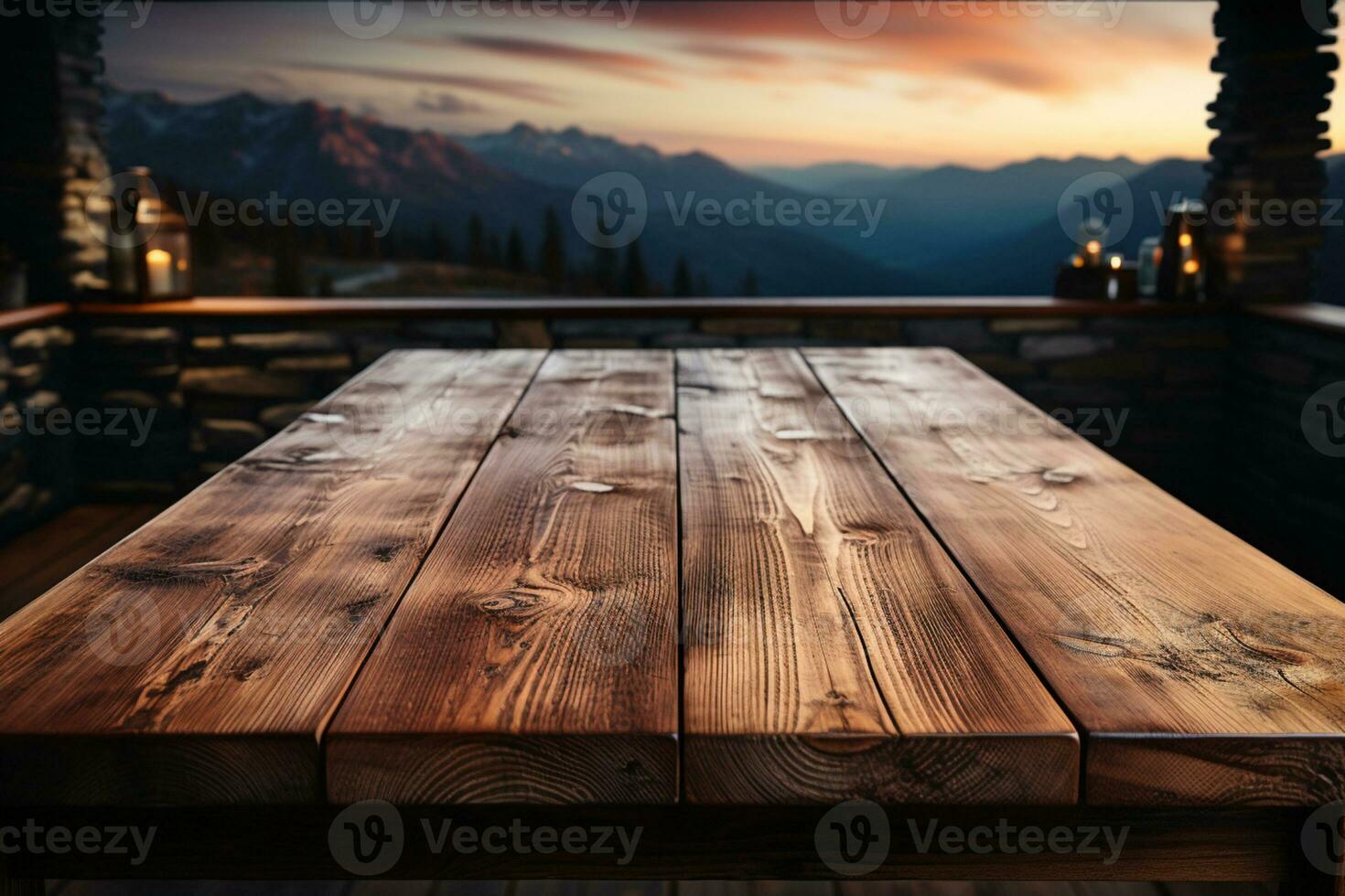 Wood table top on a kitchen room backdrop for showcasing products or visuals AI Generated photo
