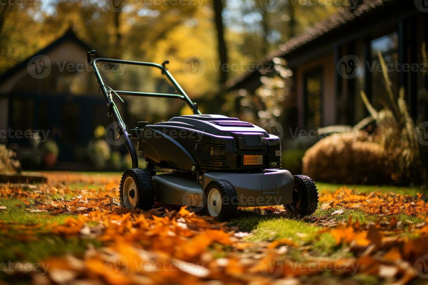 asear el jardín por reunión hojas y césped en otoño ai generado foto