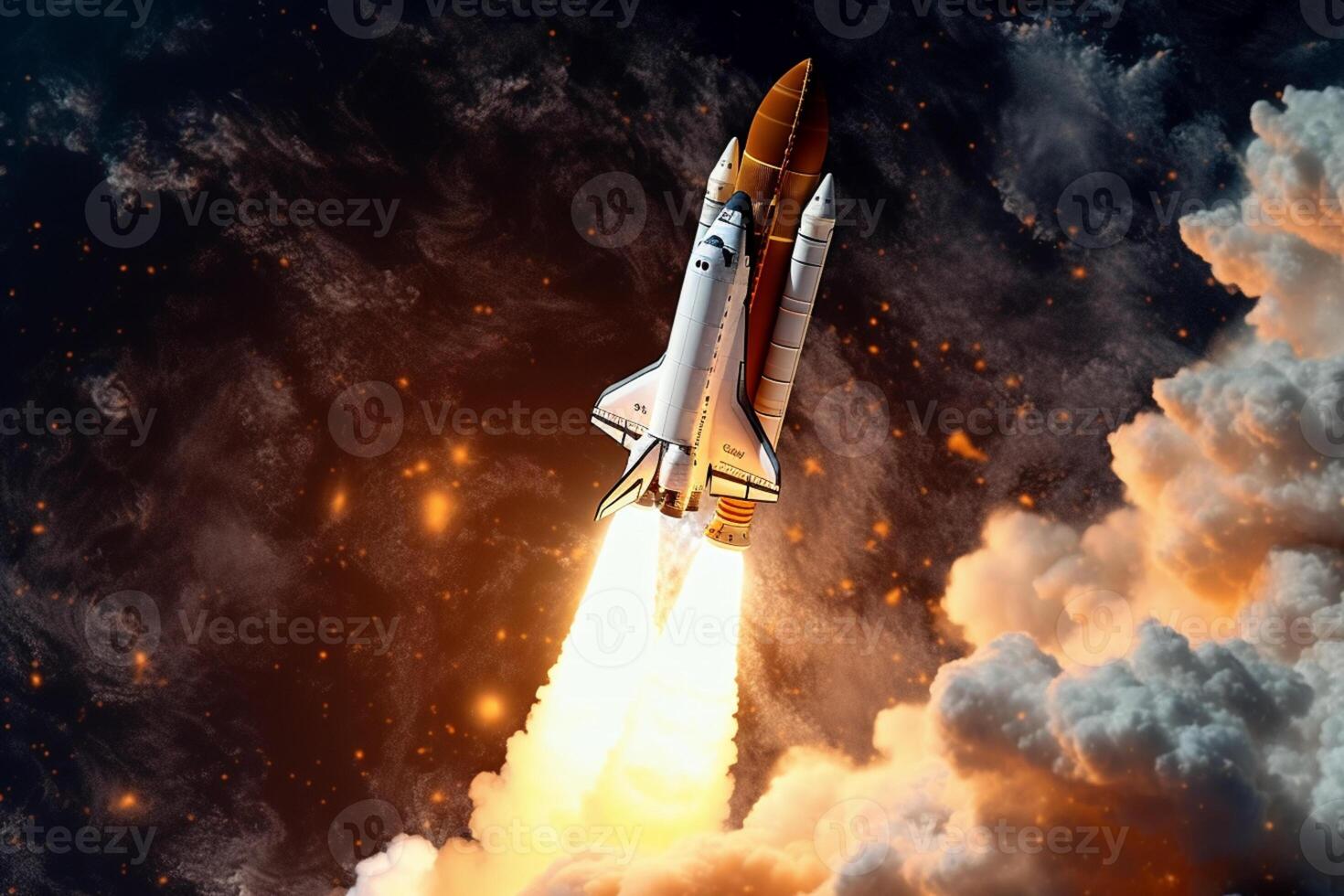 Rocket ship propels through a stellar tapestry of distant galaxies photo