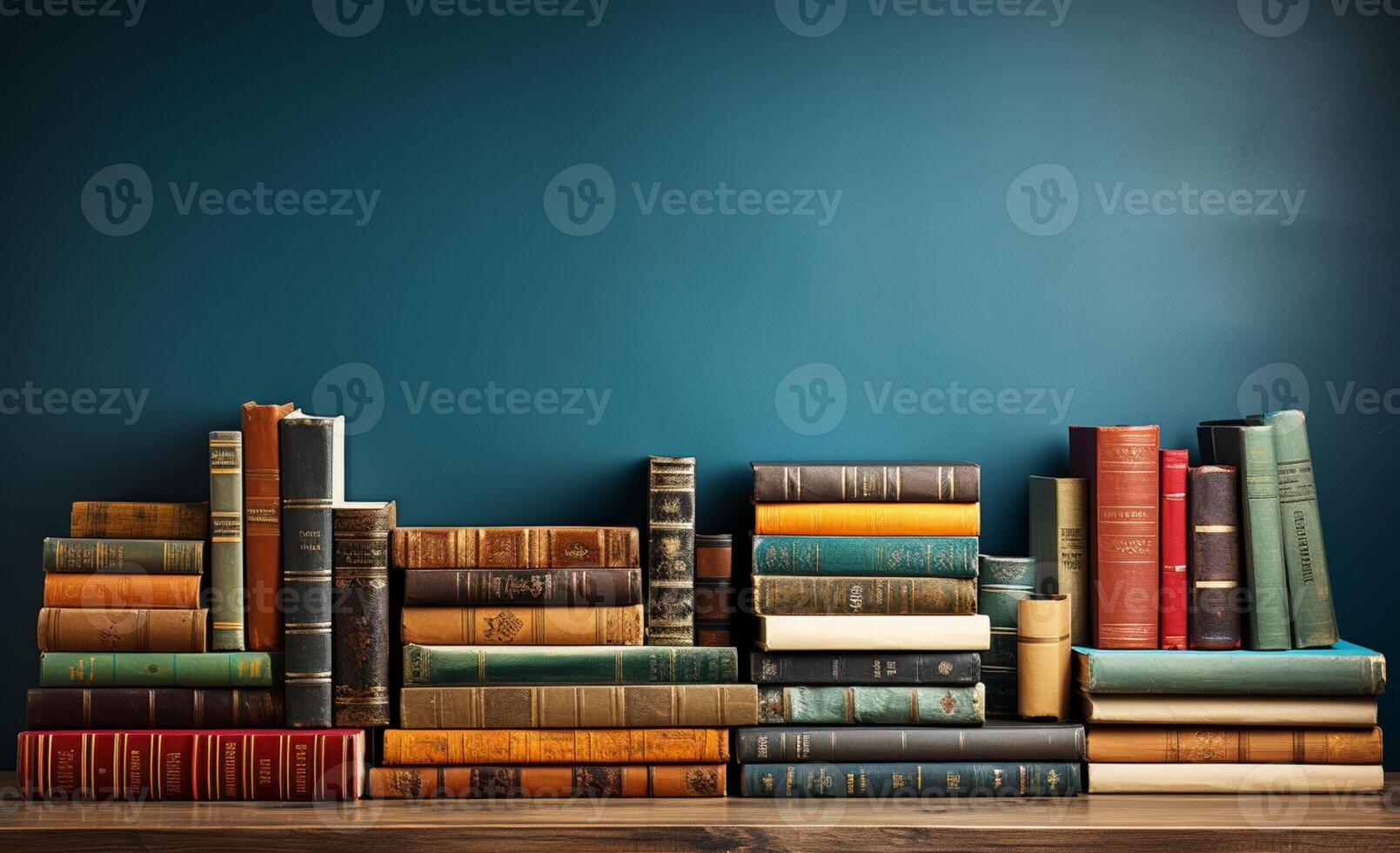 Literature-themed banner featuring a bookshelf, stack of hardcovered books, and copy space photo