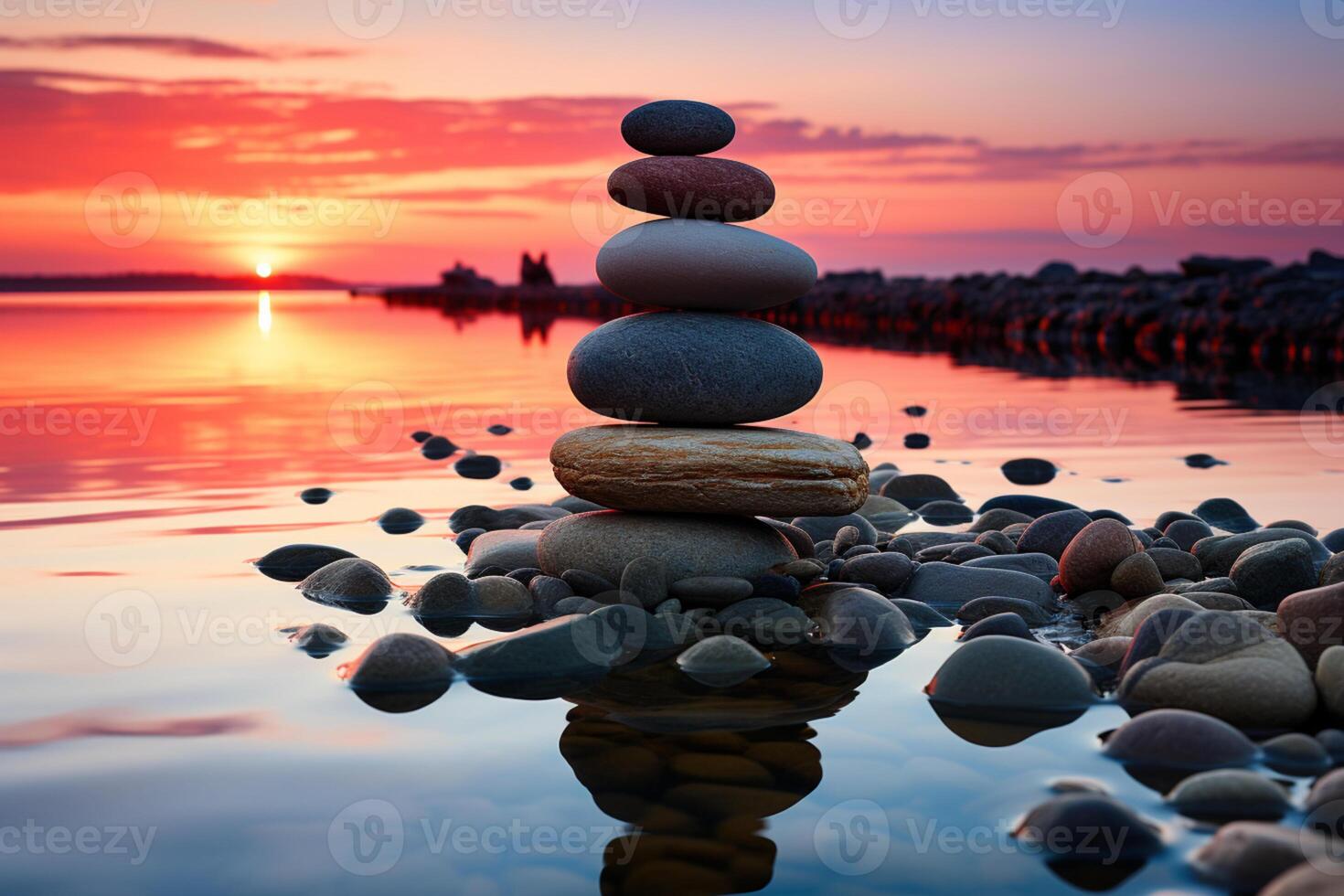 Peaceful spa retreat, balanced stones, vibrant summer sky, serene beach sunset photo