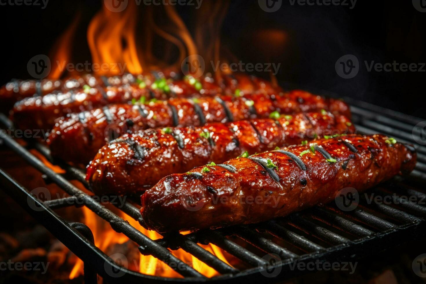 Flames dance around, Grilled sausage sizzling on the fiery grill AI Generated photo
