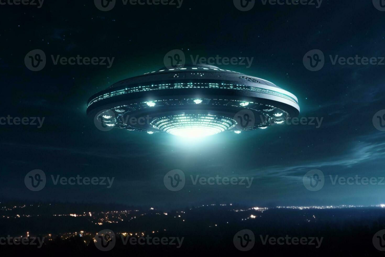 Moonlit mystery, Alien spaceship UFO cruises through the nighttime realm AI Generated photo