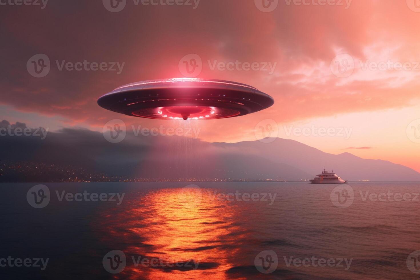 Astounding sighting, Alien spaceship soars above sunset sea, vibrant red sky photo