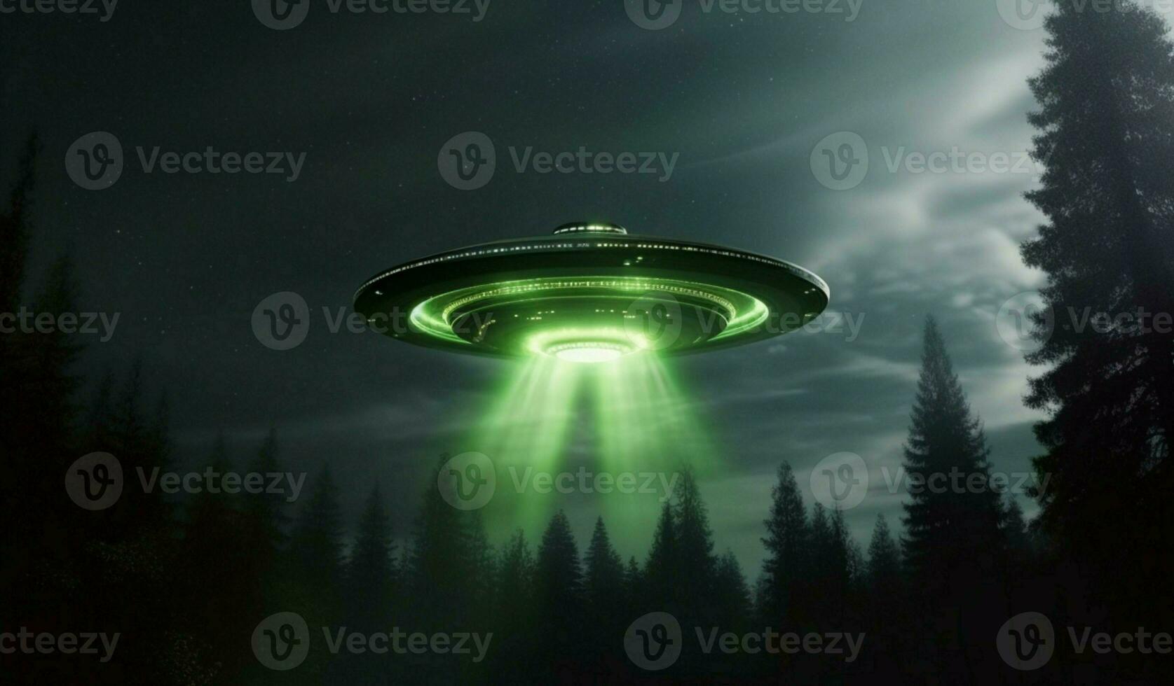 UFO phenomenon, Spaceship in night sky, green alien by forest witnesses AI Generated photo