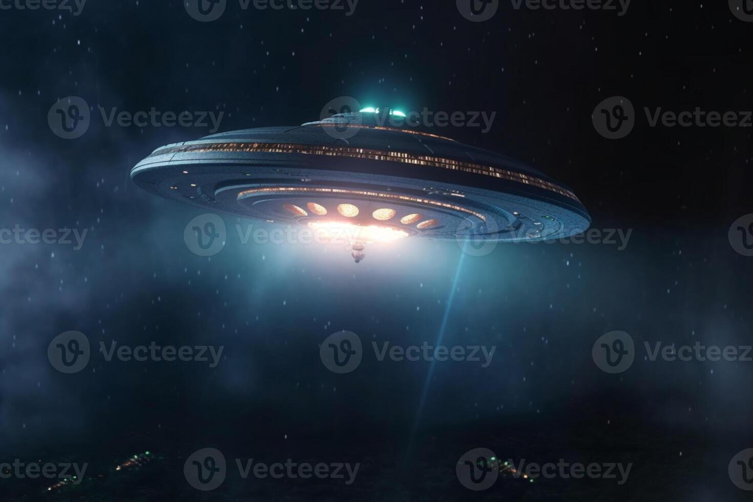 Moonlit mystery, Alien spaceship UFO cruises through the nighttime realm AI Generated photo