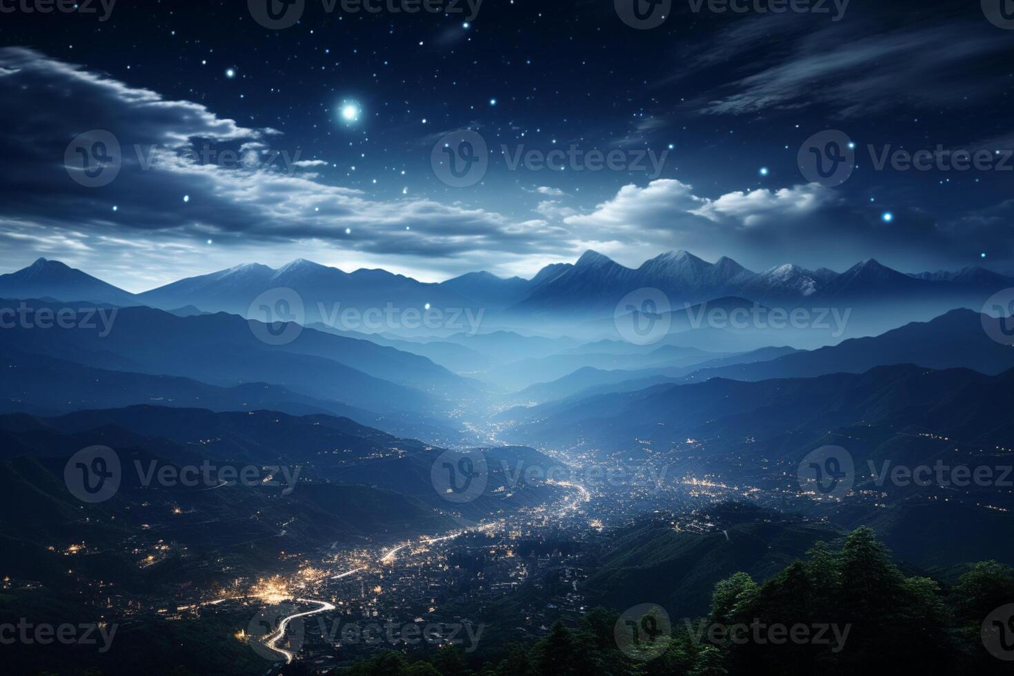 City lights shimmer beneath shooting stars in the mountainous night AI Generated photo