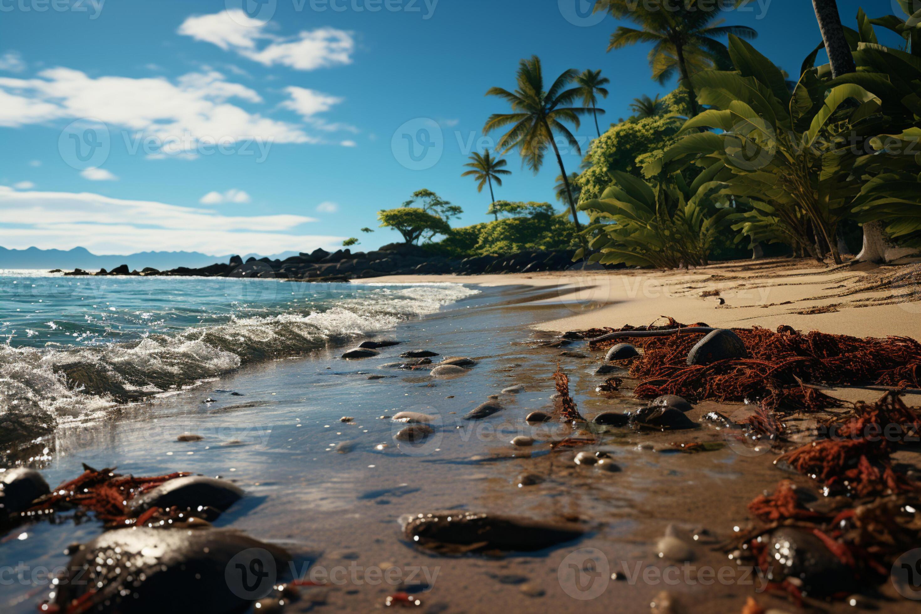 Blissful beach escape, sandy shore, dreamy palm foliage, sparkling