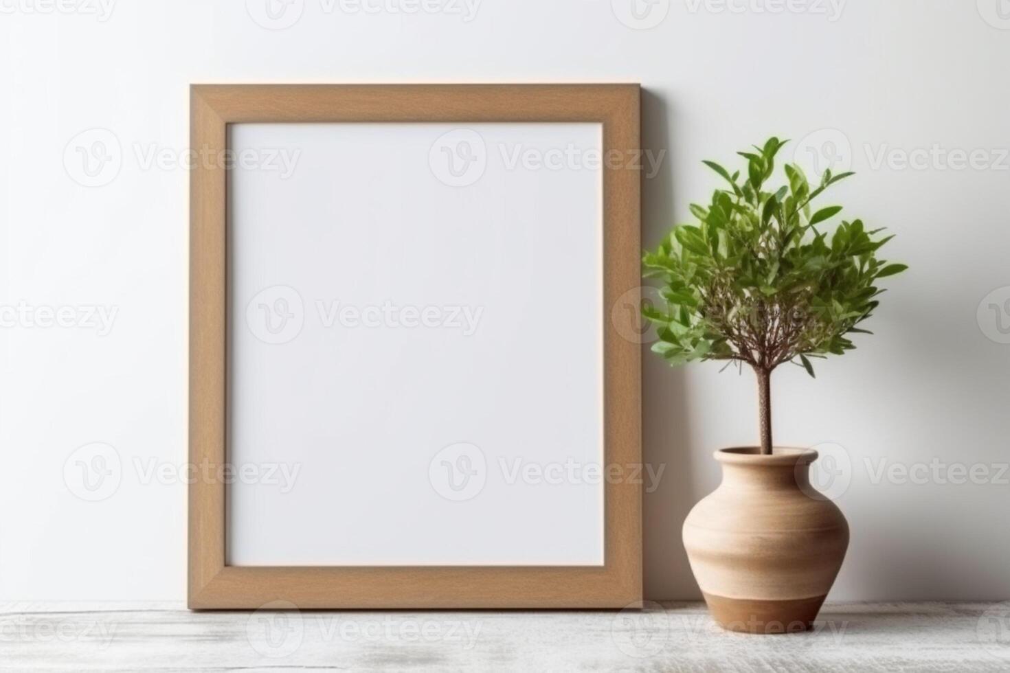 Close-up view of a mockup frame in a white interior with natural wood elements photo