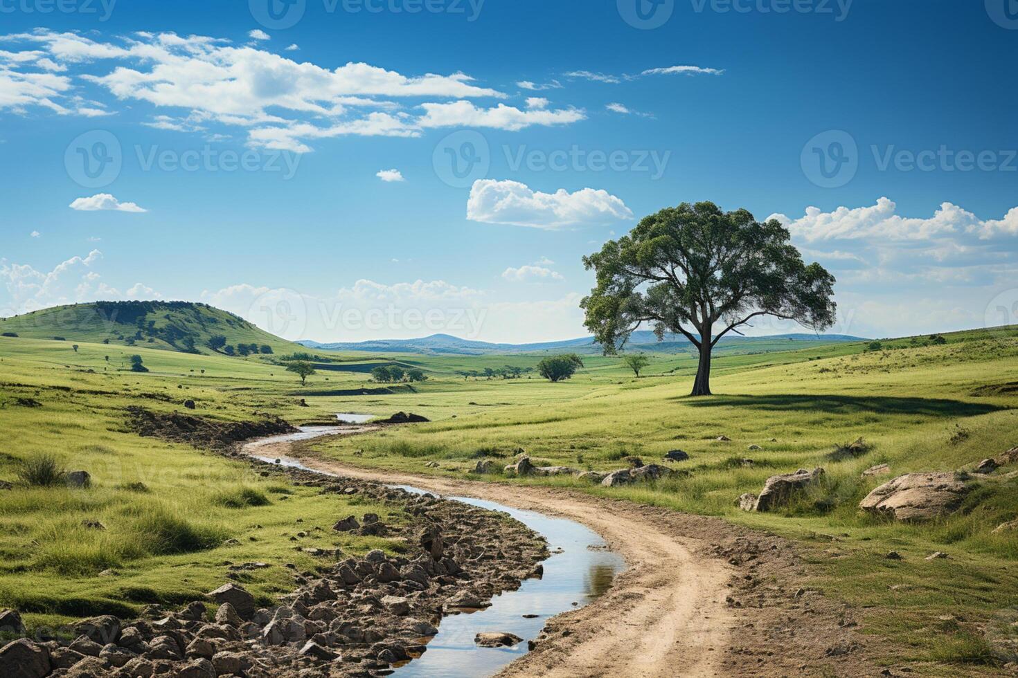 Pivotal decision point, fork in road, grass, blue sky, horizon backdrop AI Generated photo