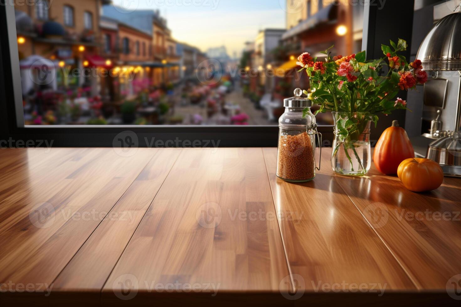 Montage-friendly wood table top with a blurred kitchen room background AI Generated photo