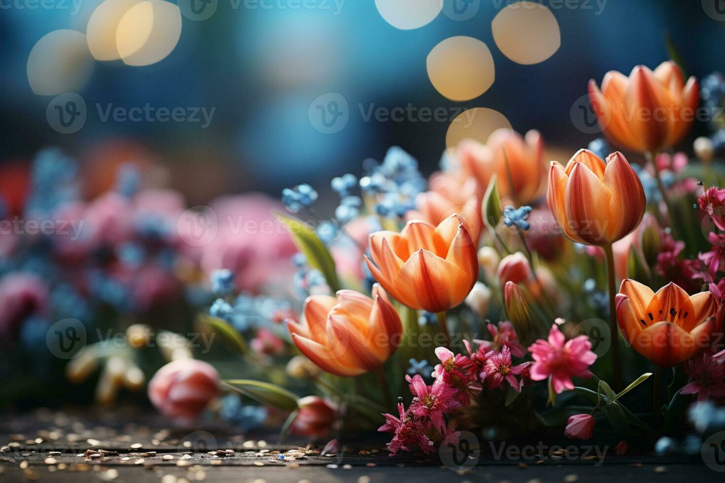 Blossoming spring flowers adorn a sunlit nature backdrop, creating a banner AI Generated photo