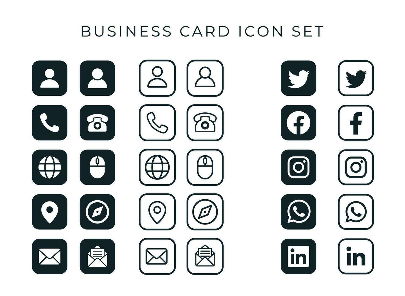 business card icon set on rounded square background vector