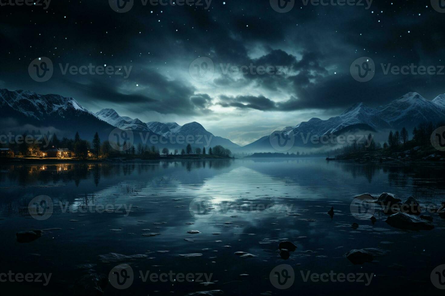 sereno lago a noche, dónde oscuridad Satisface el vasto azul horizonte ai generado foto