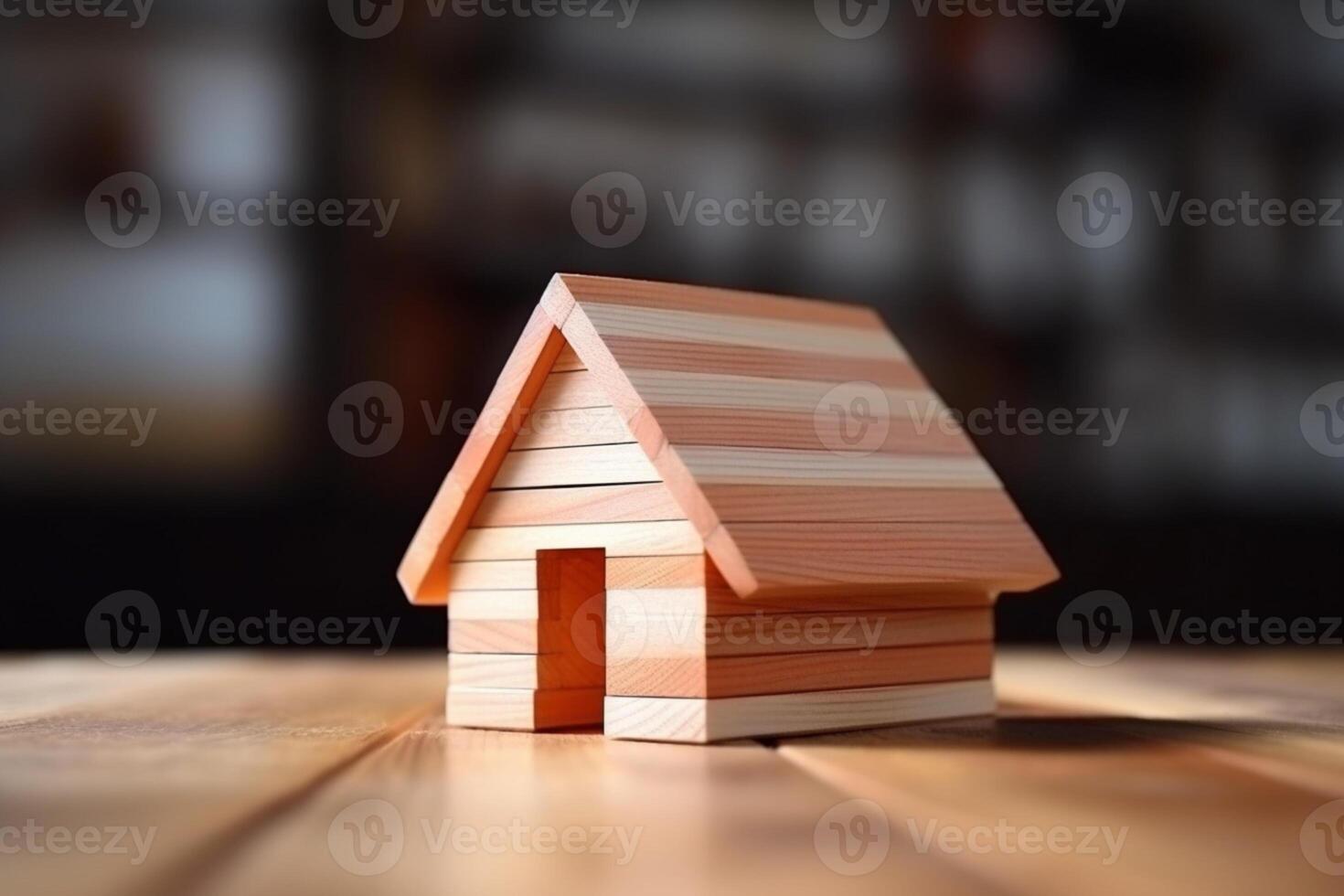 Symbolic wooden house model on wood background, signifying construction and environment photo
