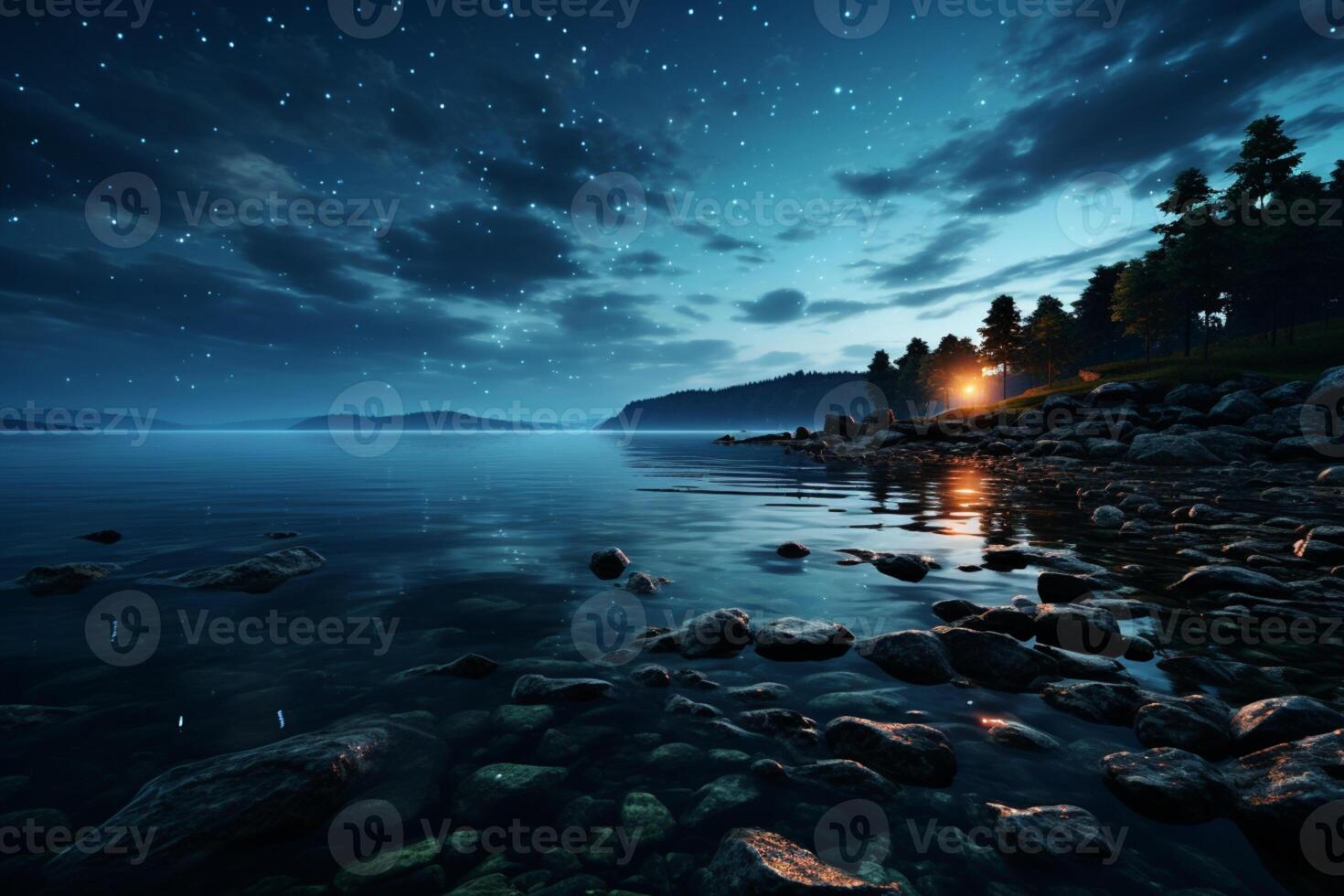 Nocturnal stillness on the lake, the dark blending with blue horizons AI Generated photo