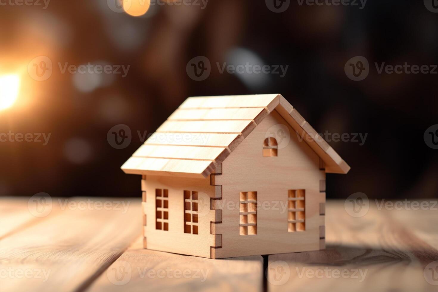 Wooden house model on wood background representing construction and ecology AI Generated photo