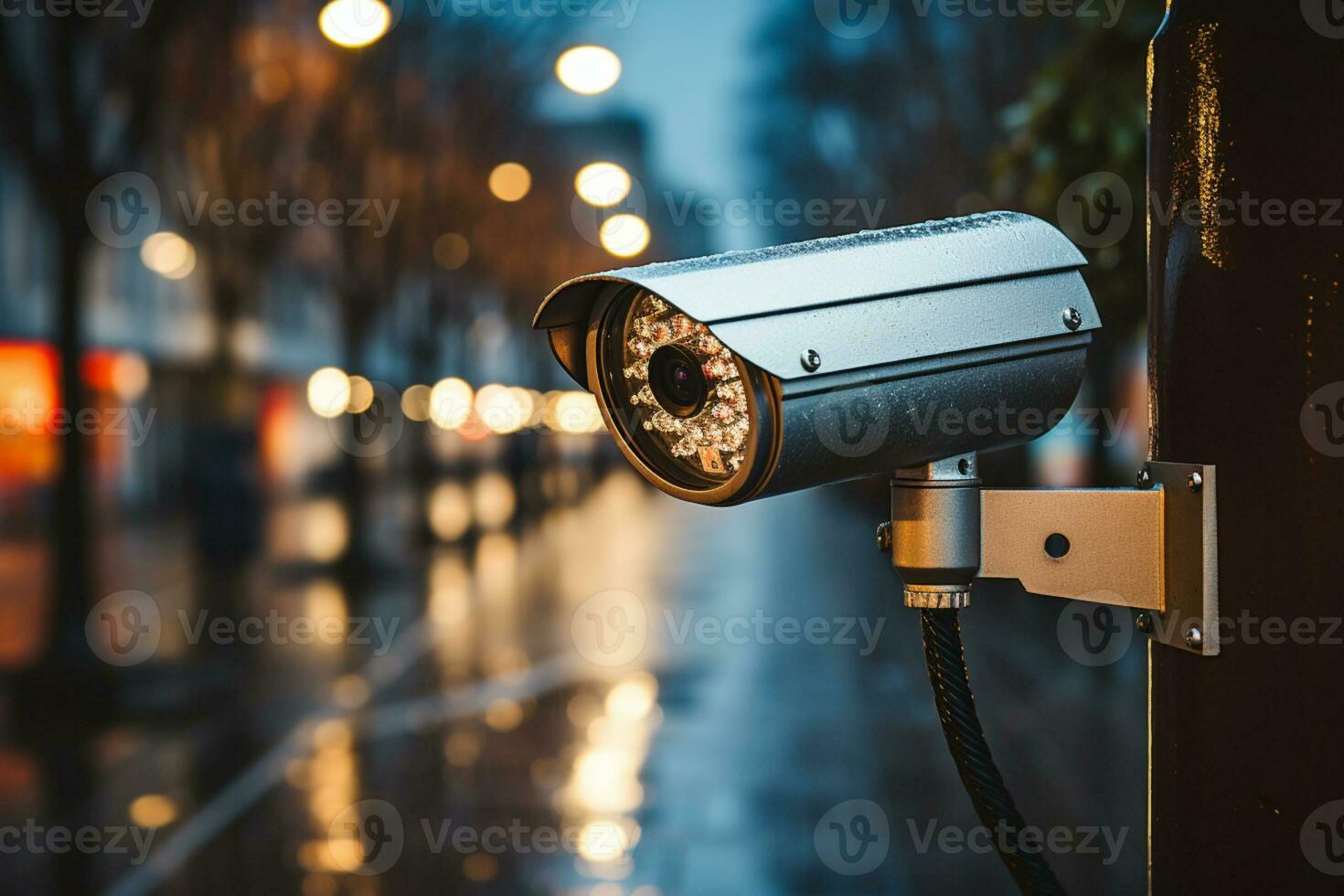 CCTV camera stands out against the blurred backdrop of night city AI Generated photo