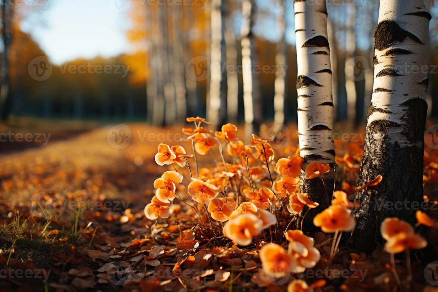 Autumn's palette comes alive in the radiant birch forest on a sunny afternoon photo