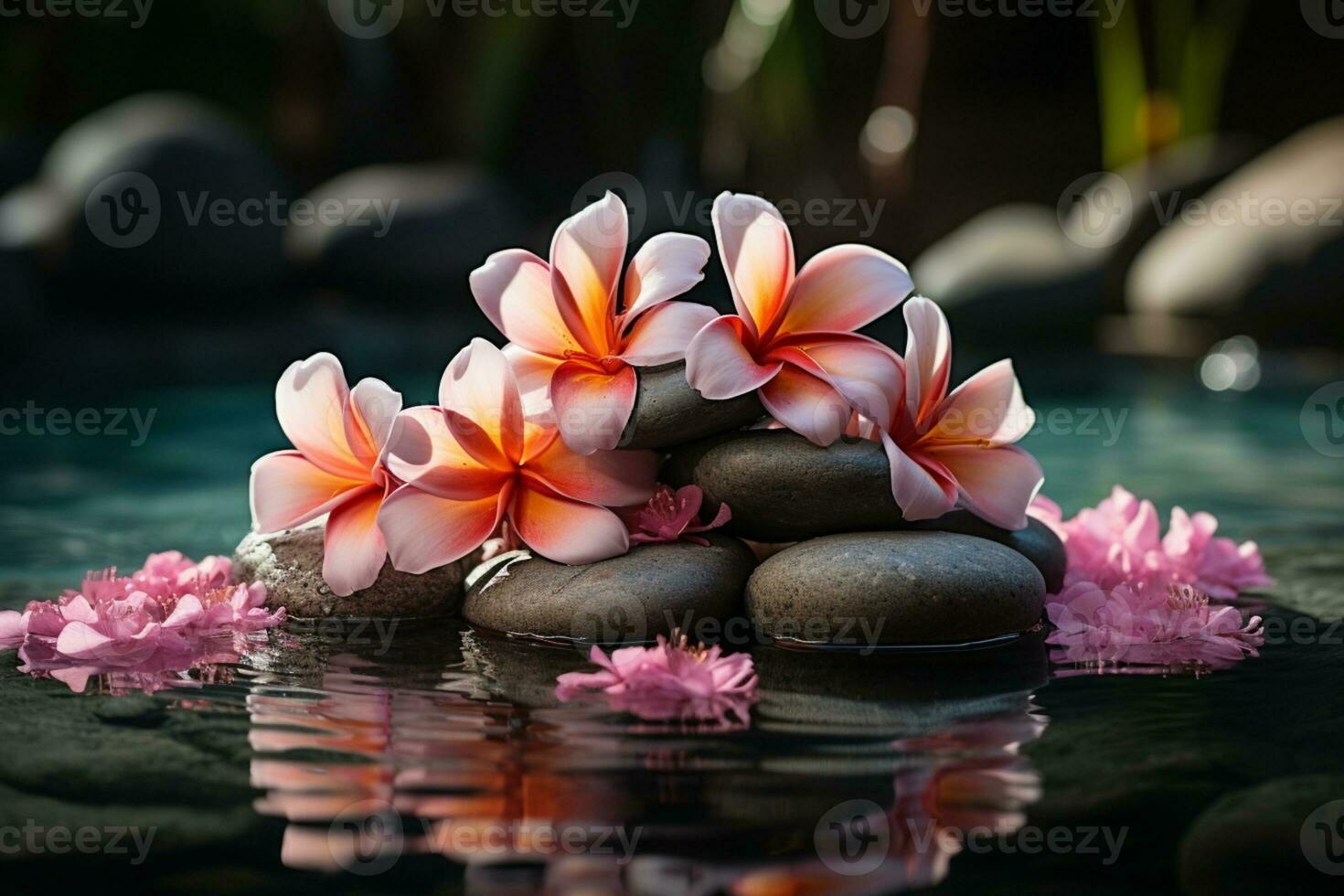 cautivador frente ver de un bienestar paraíso, spa piedras, rosado flores, toallas ai generado foto