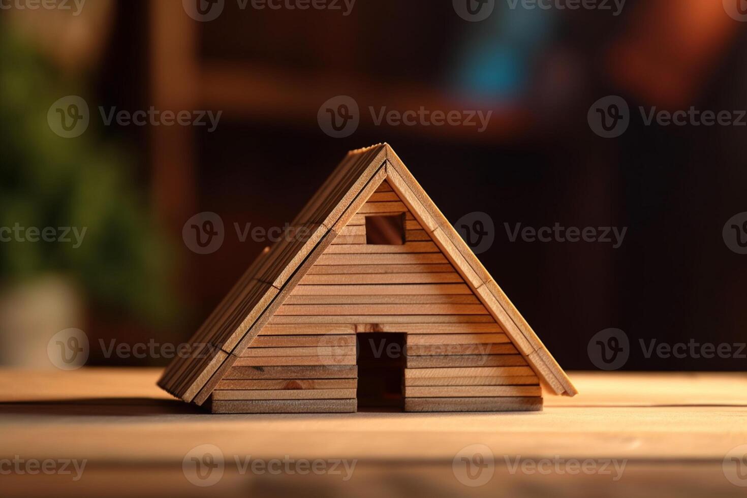 Construction symbol, Wooden house model on wood background, representing ecology AI Generated photo