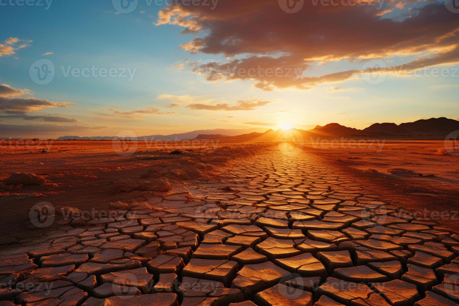Evening sunset illuminates a drought-ridden desert, a metaphor for global warming photo