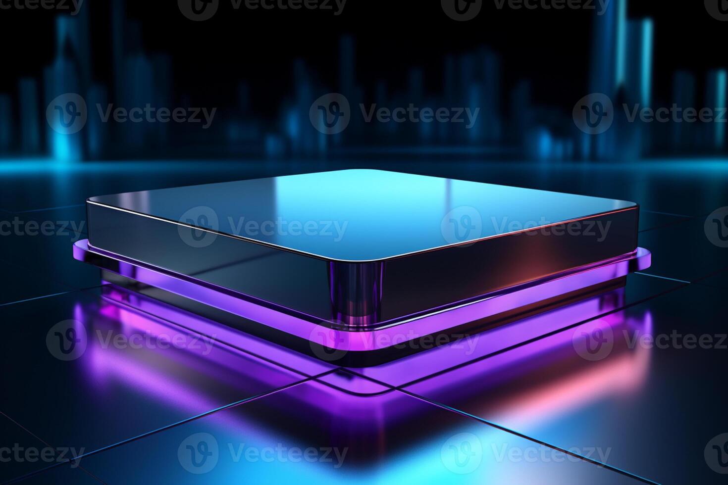 Striking modern podium with captivating blue and purple lighting for showcasing products photo