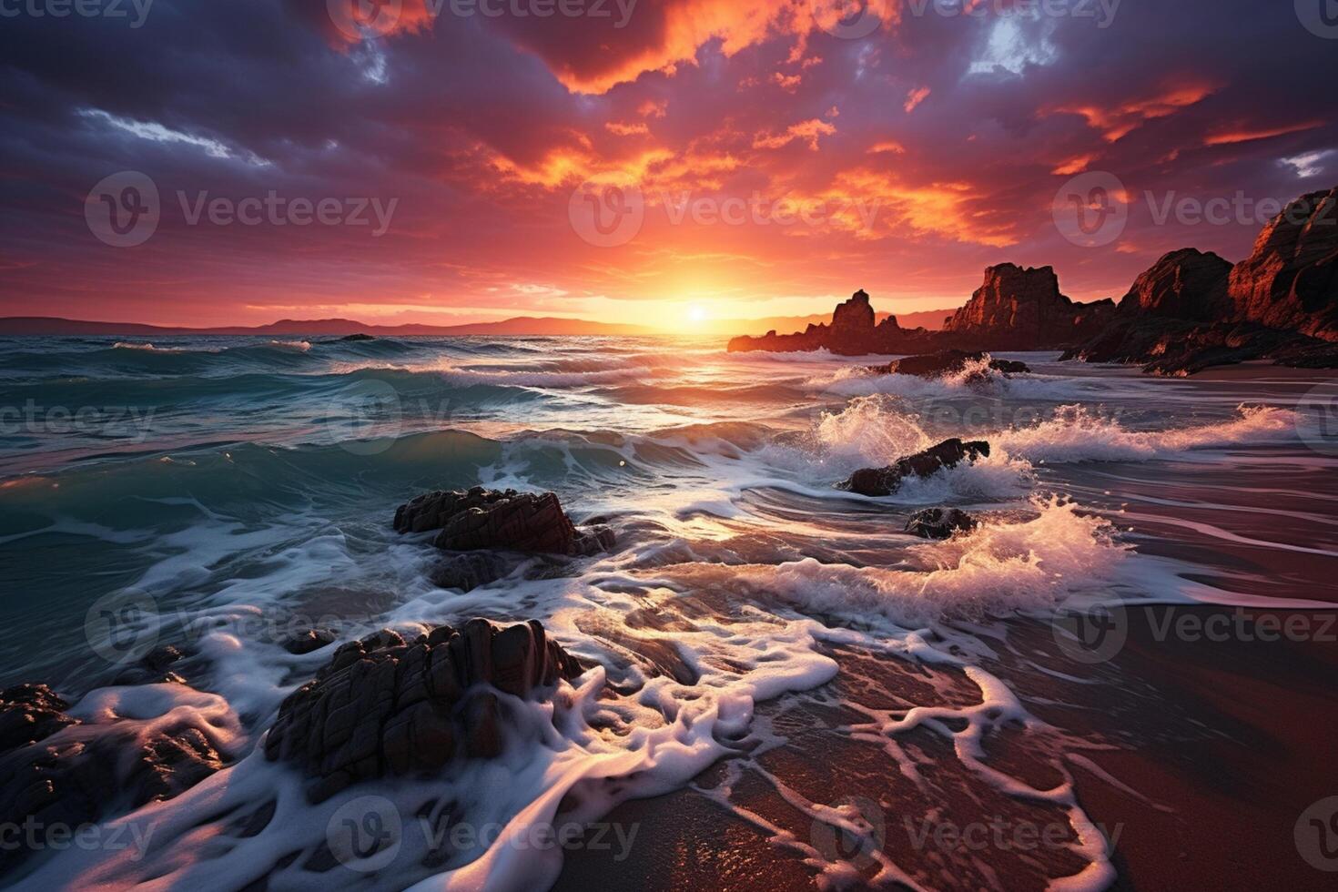 A captivating sight, a fiery sunset transforms the sea landscape into magic AI Generated photo