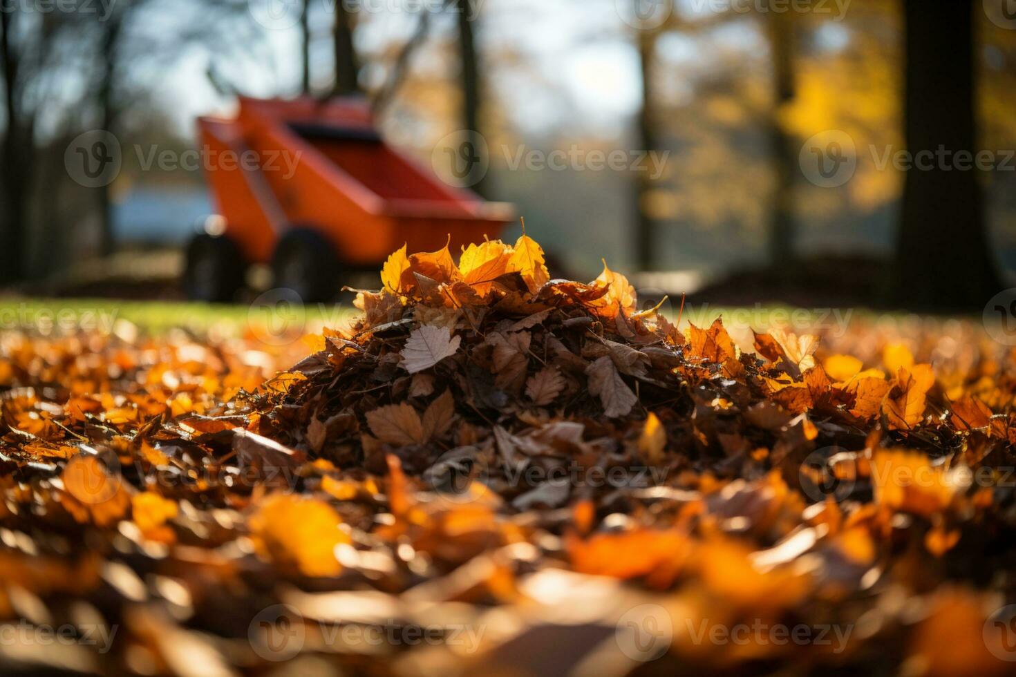 Tidying the garden by raking leaves and grass in autumn AI Generated photo