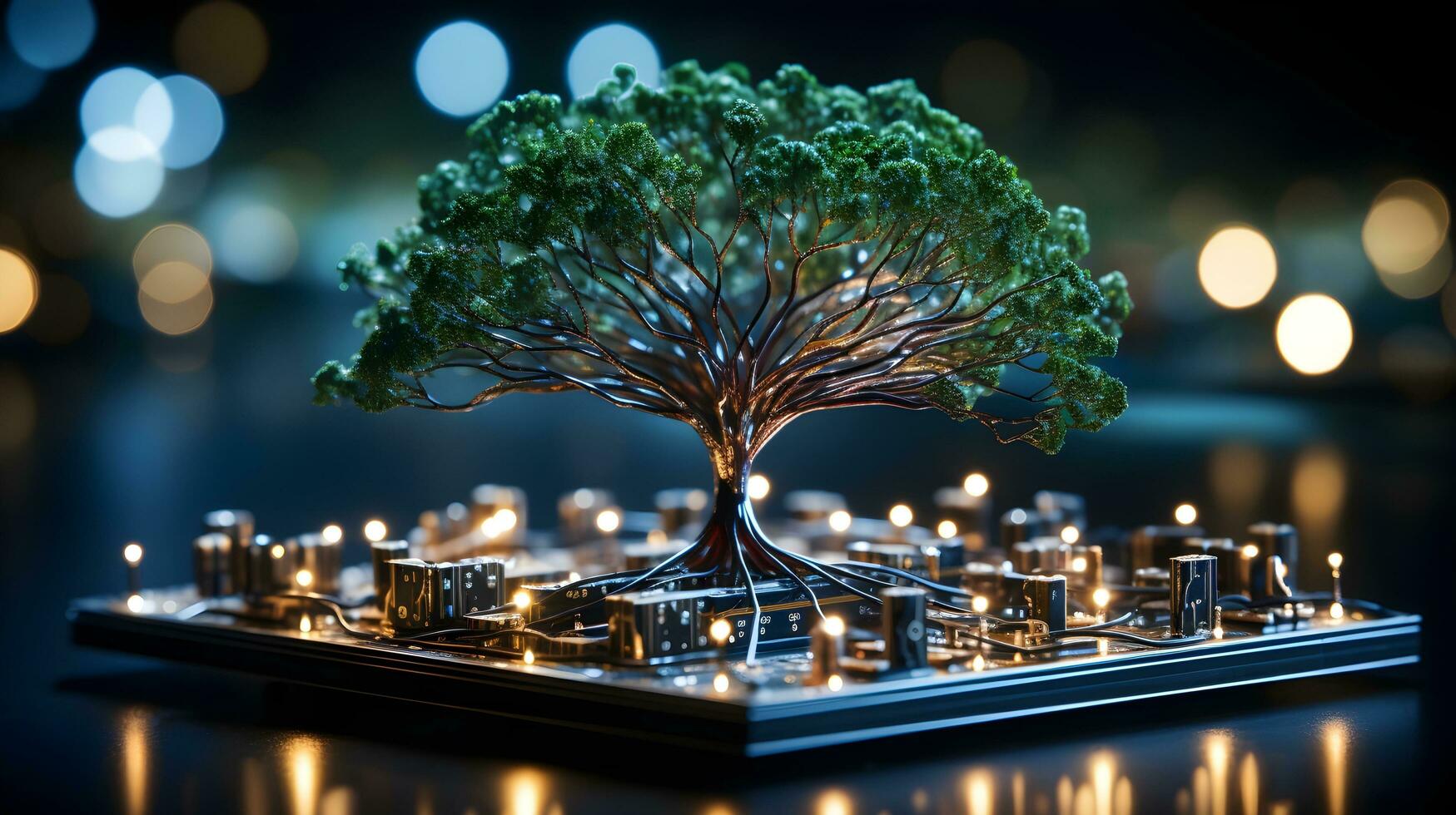 Eco-Tech Fusion. Tree Rooted in Digital World photo