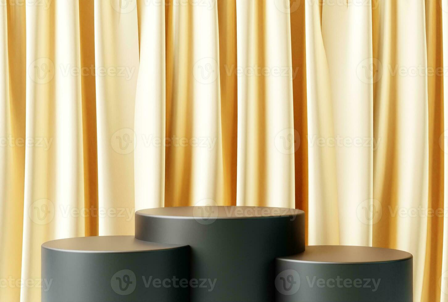 Podium with gold curtain background for display product. Product presentation, Branding, Stage showcase and more. 3d rendering photo