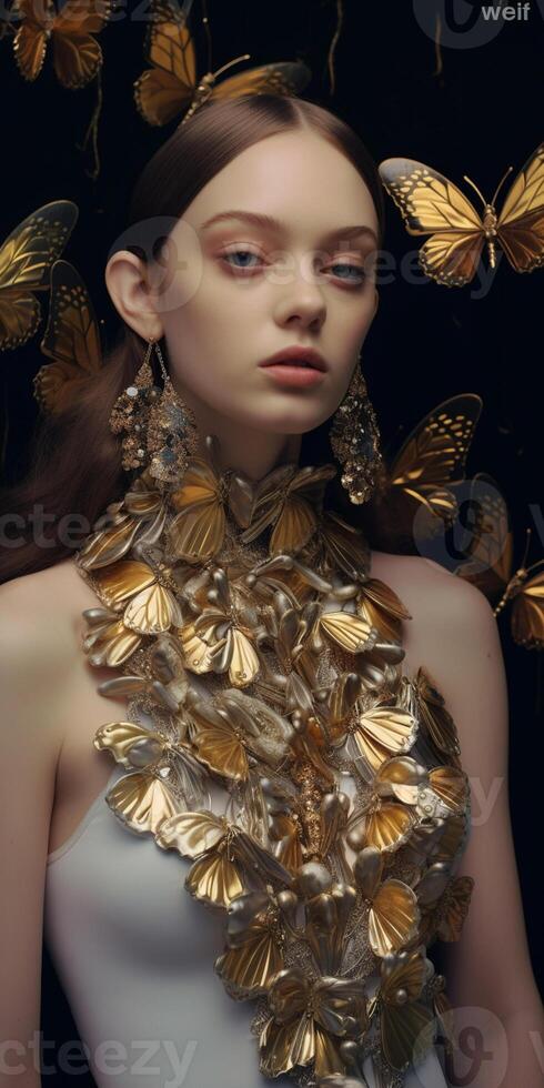 Generative AI Beautiful young woman with golden butterfly make-up. Fashion art photo