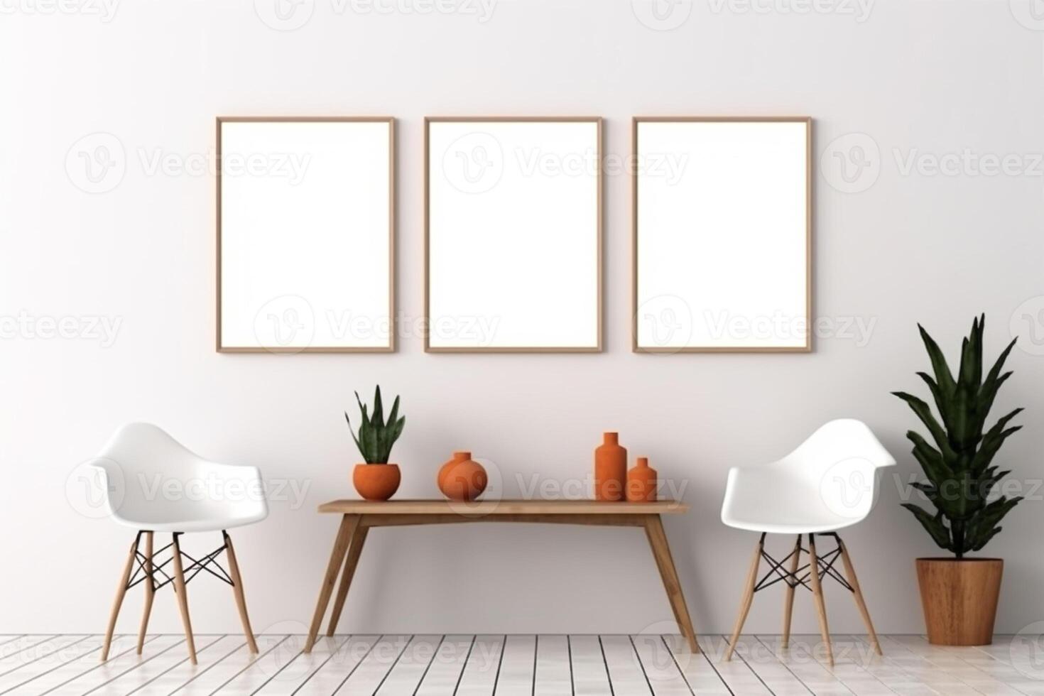 Detailed mockup frame in a white interior with wooden furniture photo