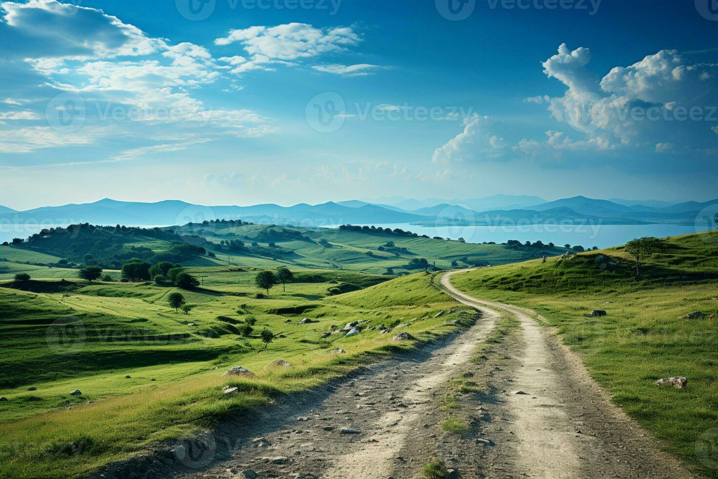 The weight of decisions, fork in road, grass, blue sky, expansive horizon AI Generated photo