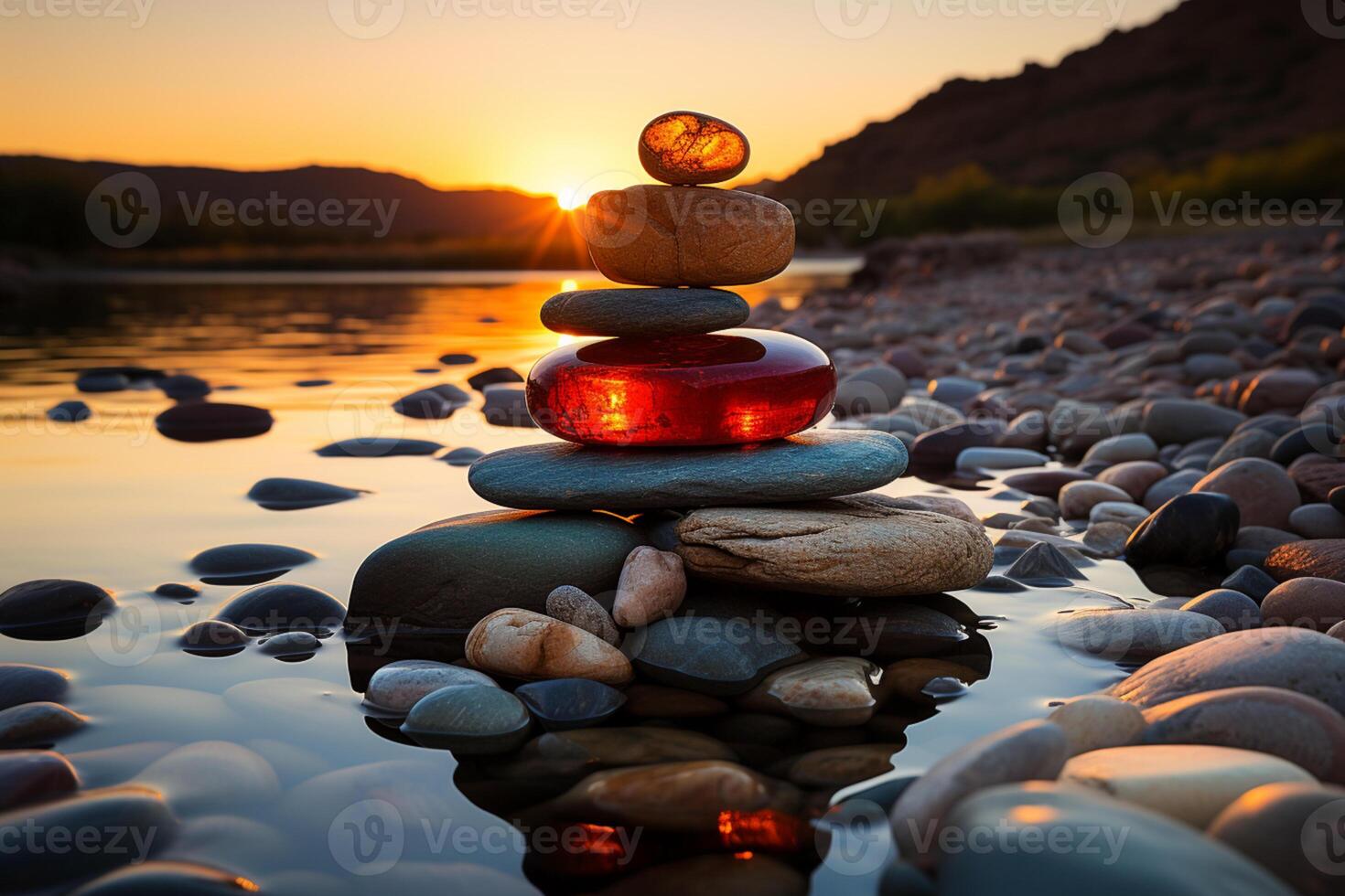 Twilight hues embracing Zen stones as the sun bids farewell photo