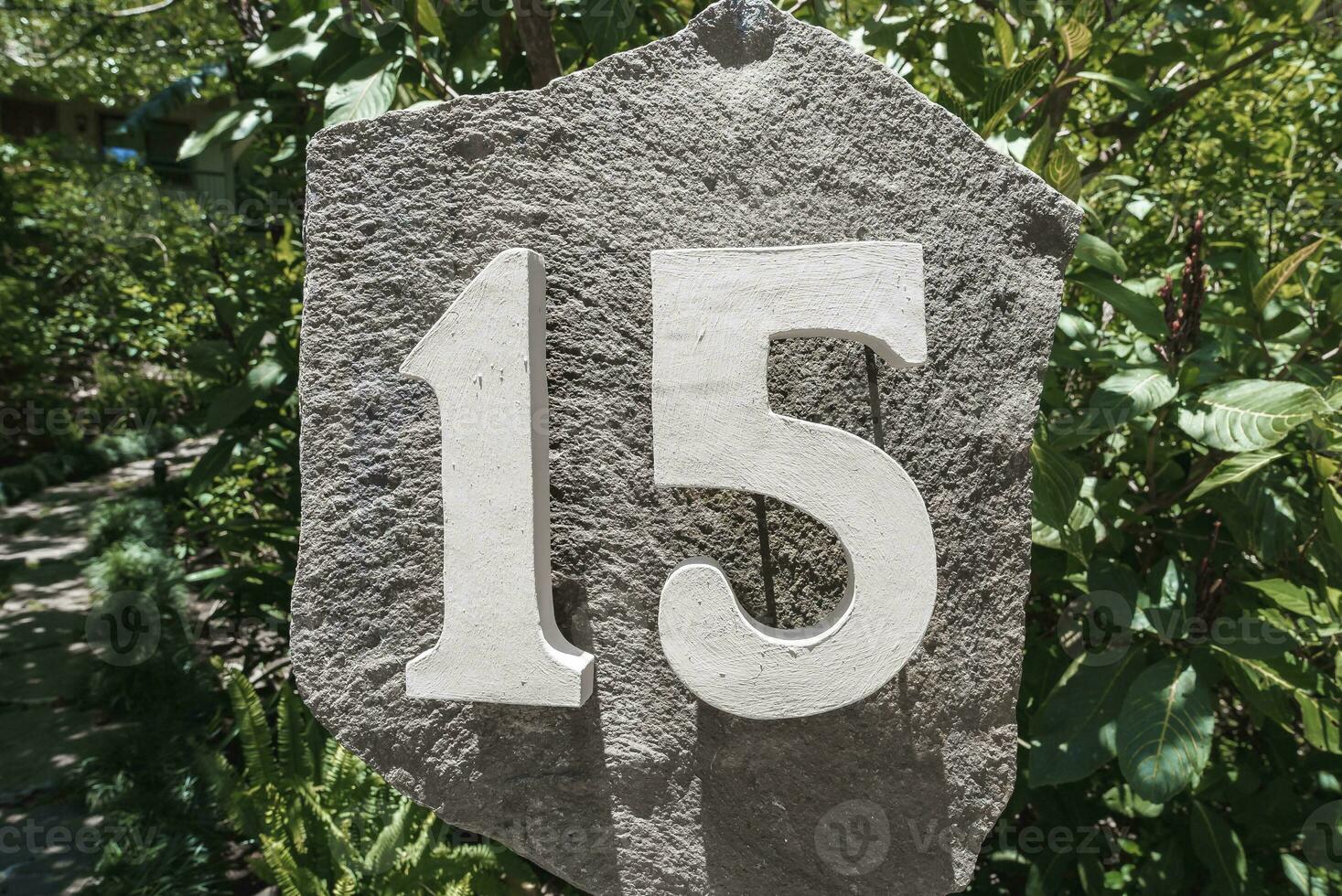 House number 15 installed on a big rock in the garden of residence photo