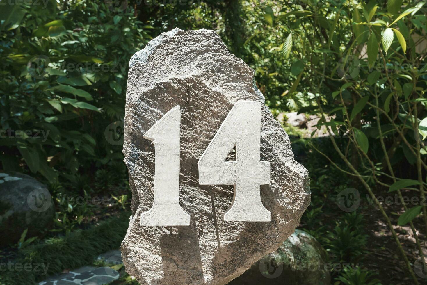 House number 14 installed on a big rock in the garden of residence photo