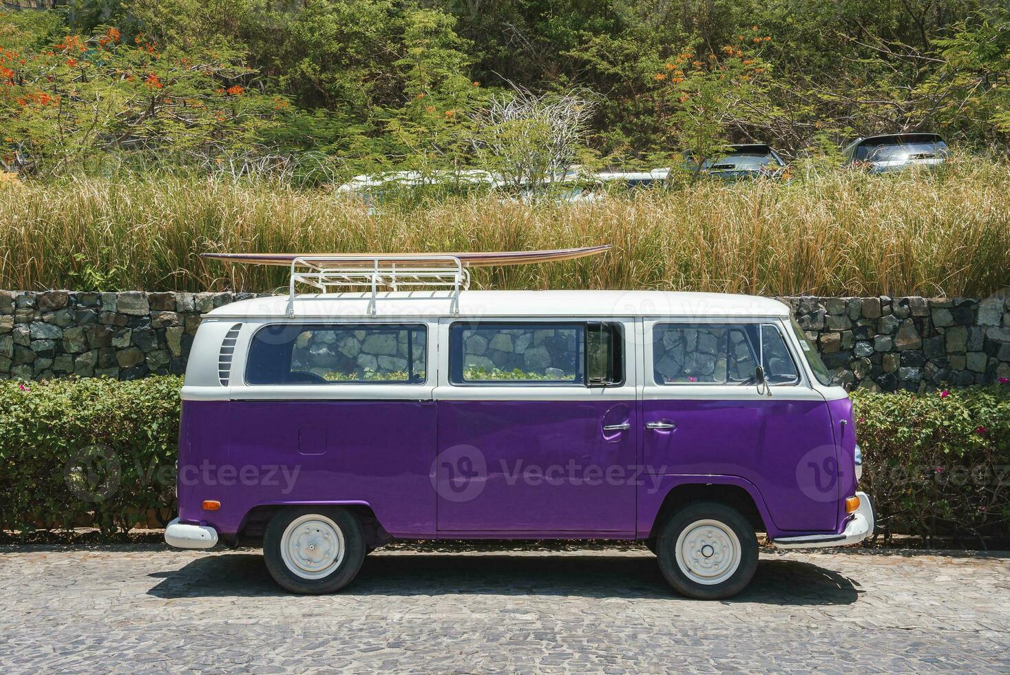 Classic parked van with surfboard on rack photo