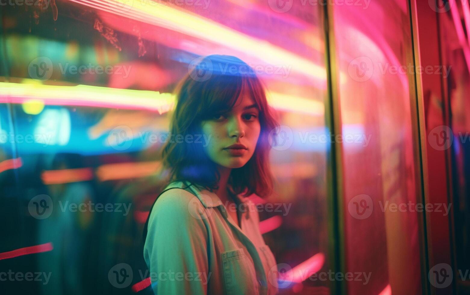 woman in neon light at night listening to music photo