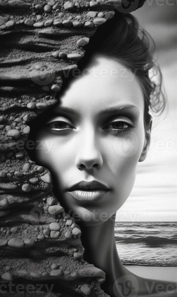 black and white portrait of a beautiful woman in the sand on the beach photo
