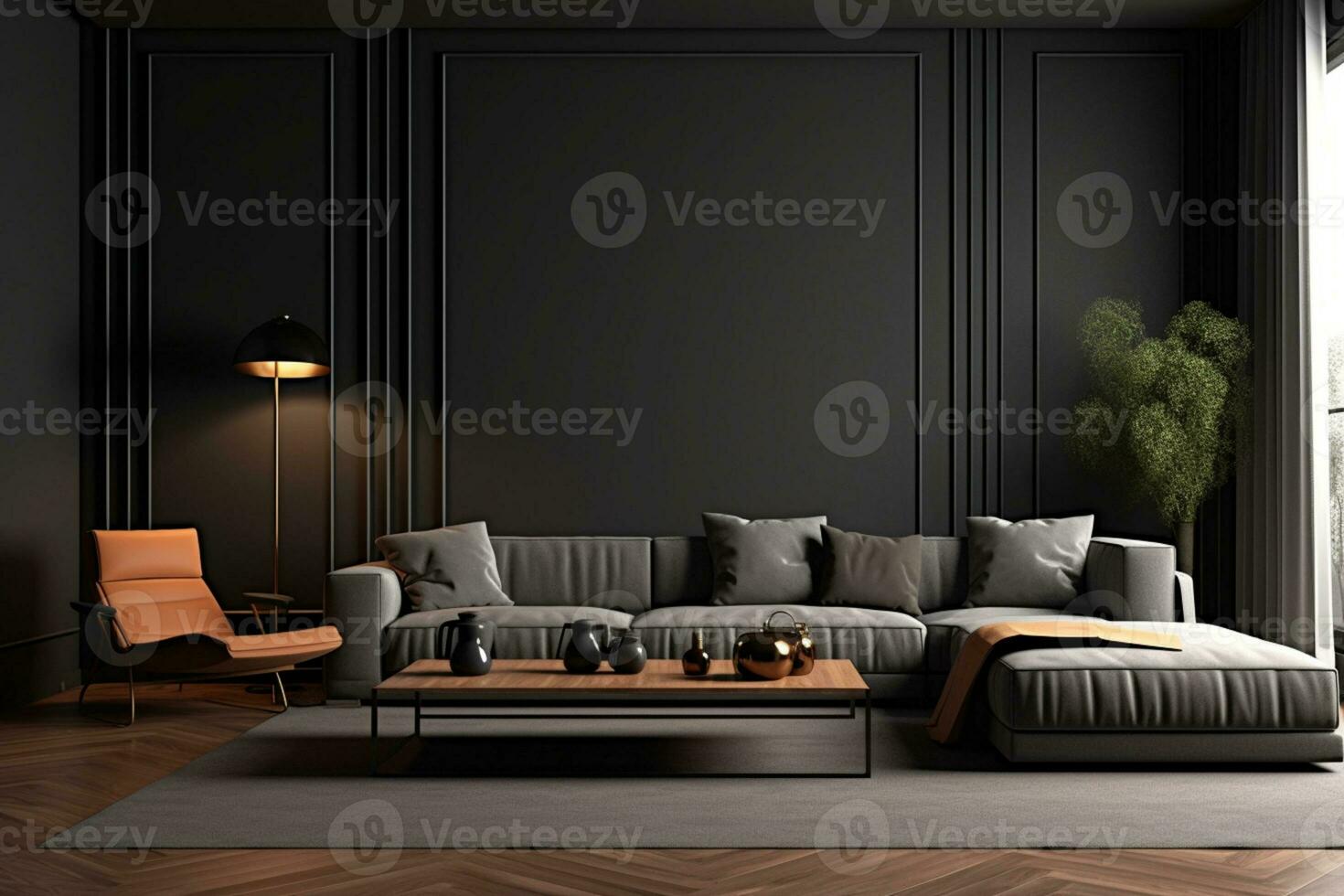 Serene dark living room adorned with a home mockup, 3D rendered AI Generated photo