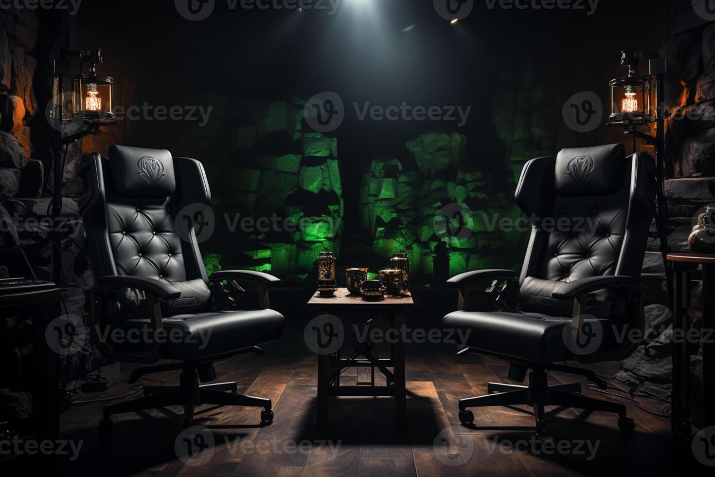 Podcast or interview room features chairs, microphones, and dark isolation photo