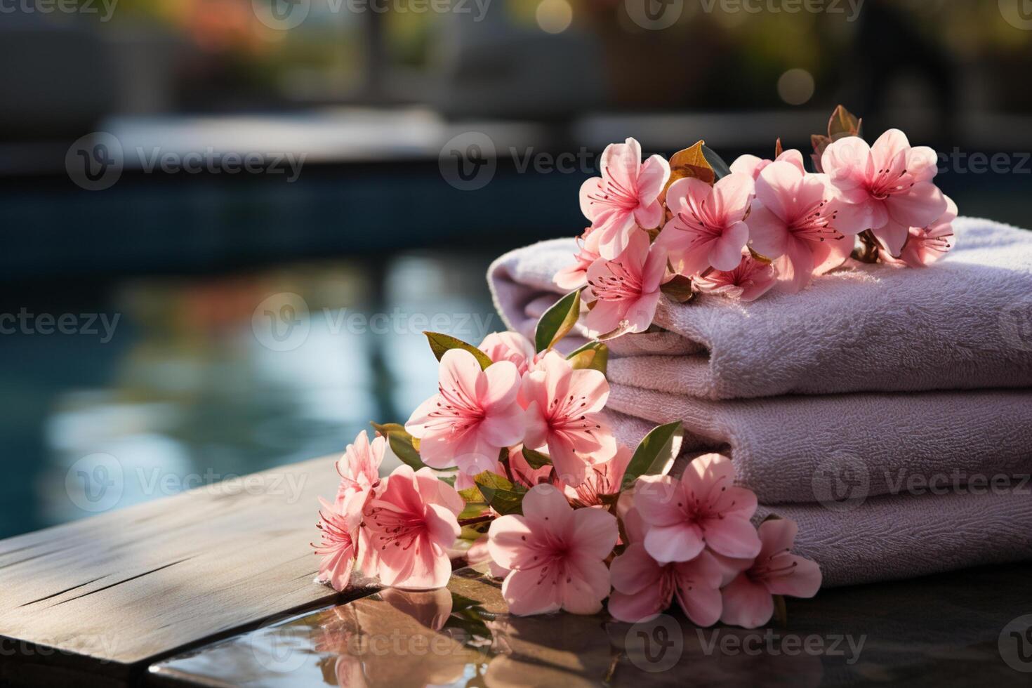 serenidad en enfocar, frente ver de apilado spa piedras, rosado flores, toallas ai generado foto